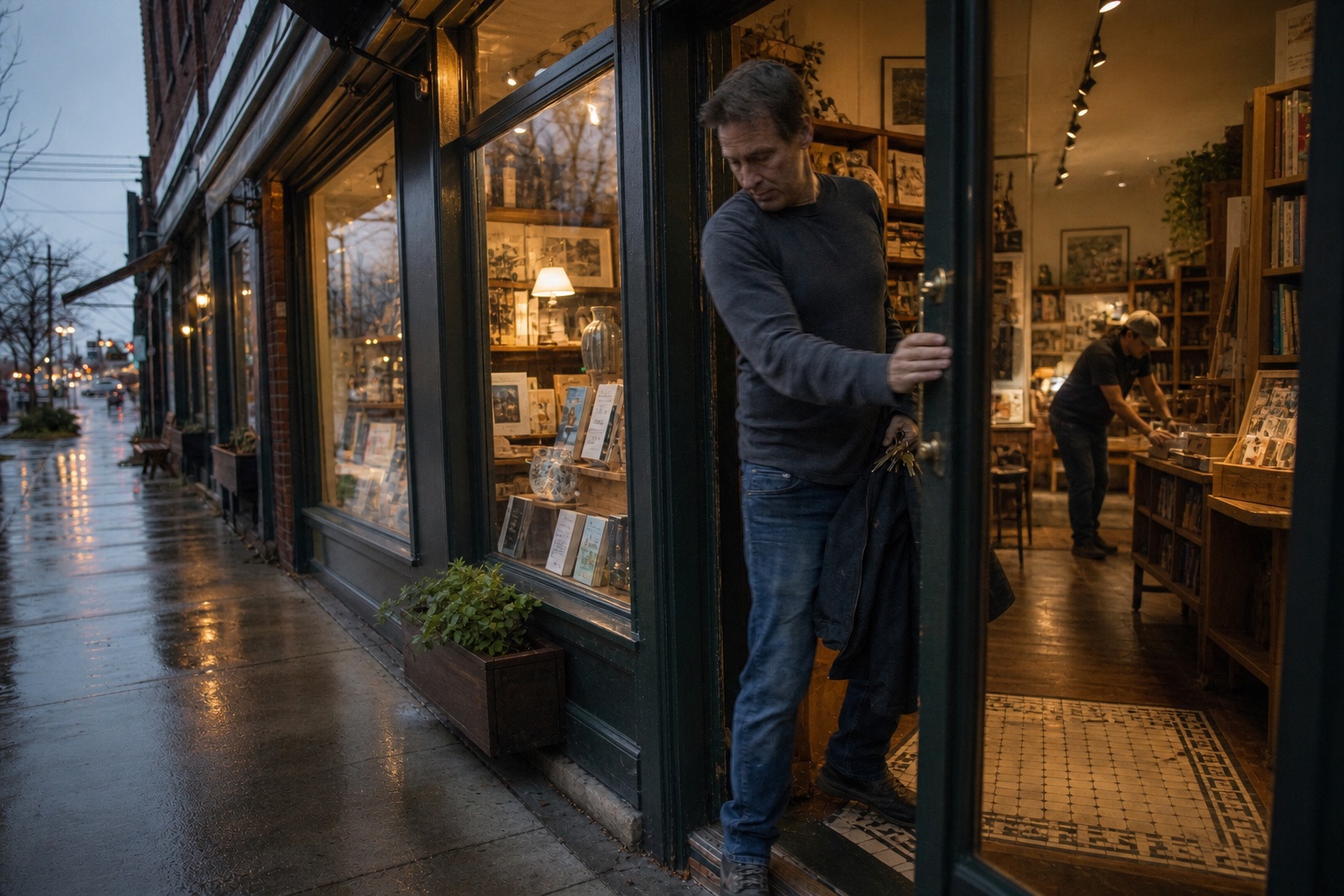 A shop owner closes the door at the end of a rainy workday.