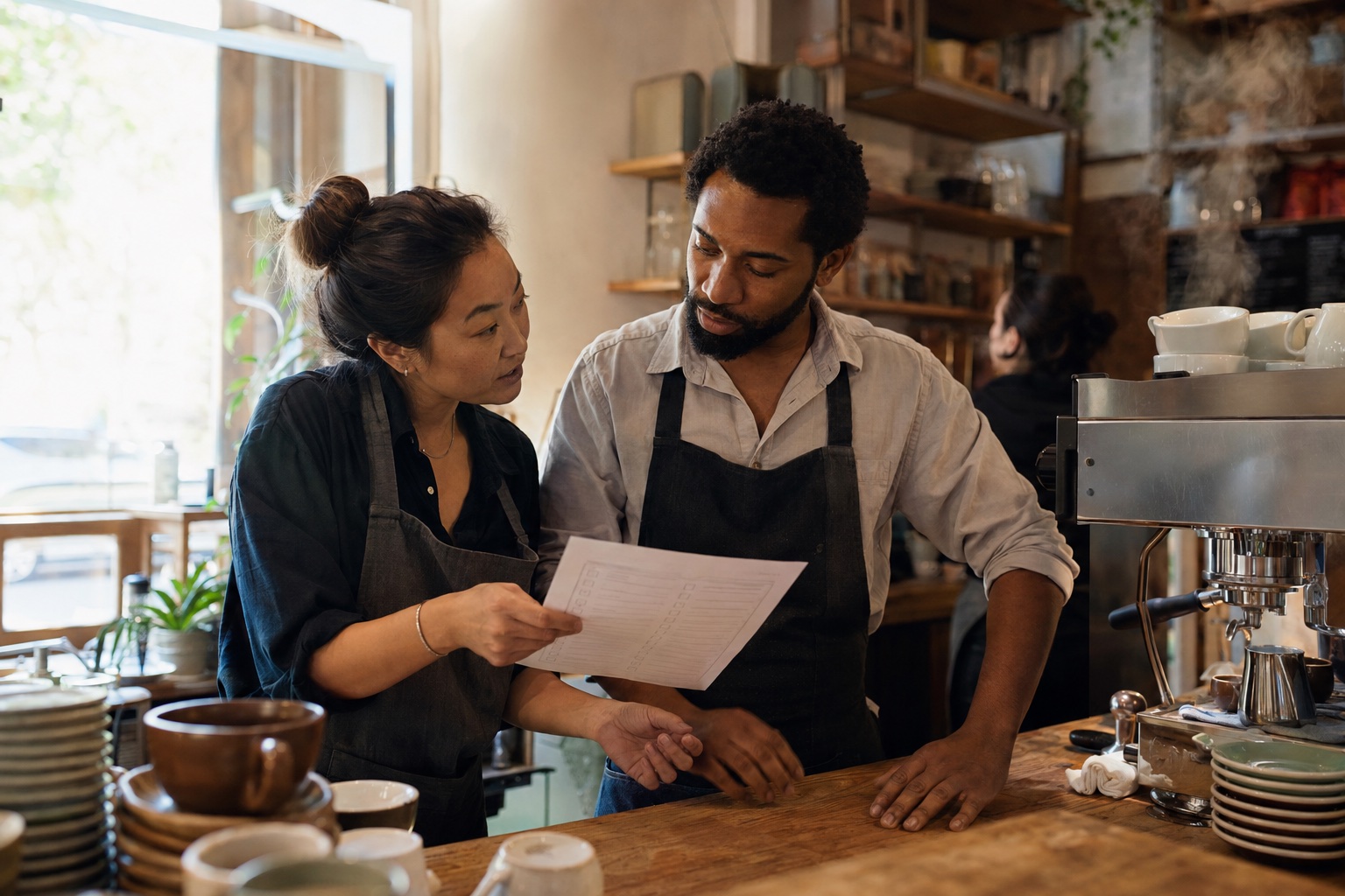 A café owner and barista review a delivery checklist beside the espresso machine.