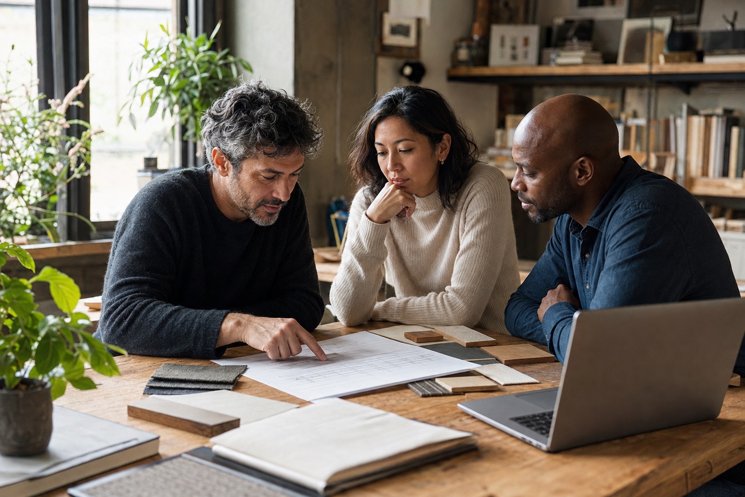 A small studio team reviews a project plan and material samples around a shared table.
